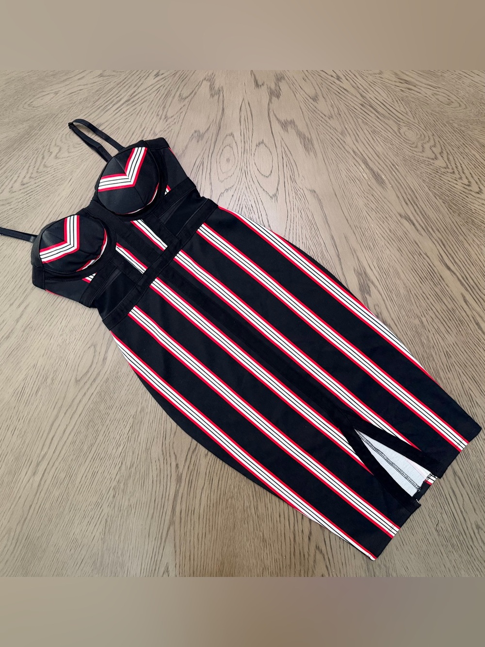 Material Girl Black Midi Dress with Red and White Stripes